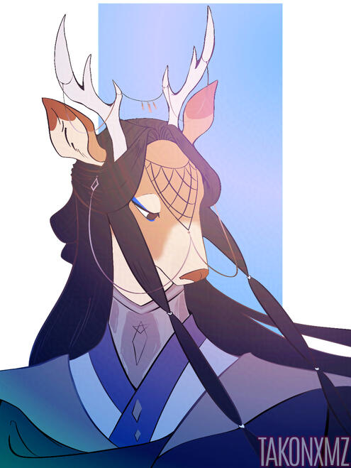 a portrait of an anthropomorphic deer looking downward with long flowy black hair half tied wearing antler ornaments and a triangular head adornment cascading down the center of their face. they are wearing a fantasy hanfu and blue eyeliner.