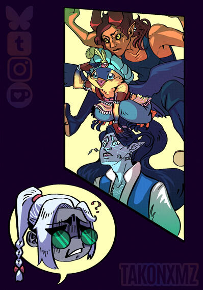 A tiefling, an aarakocra, an air genasi, and a fallen aasimar